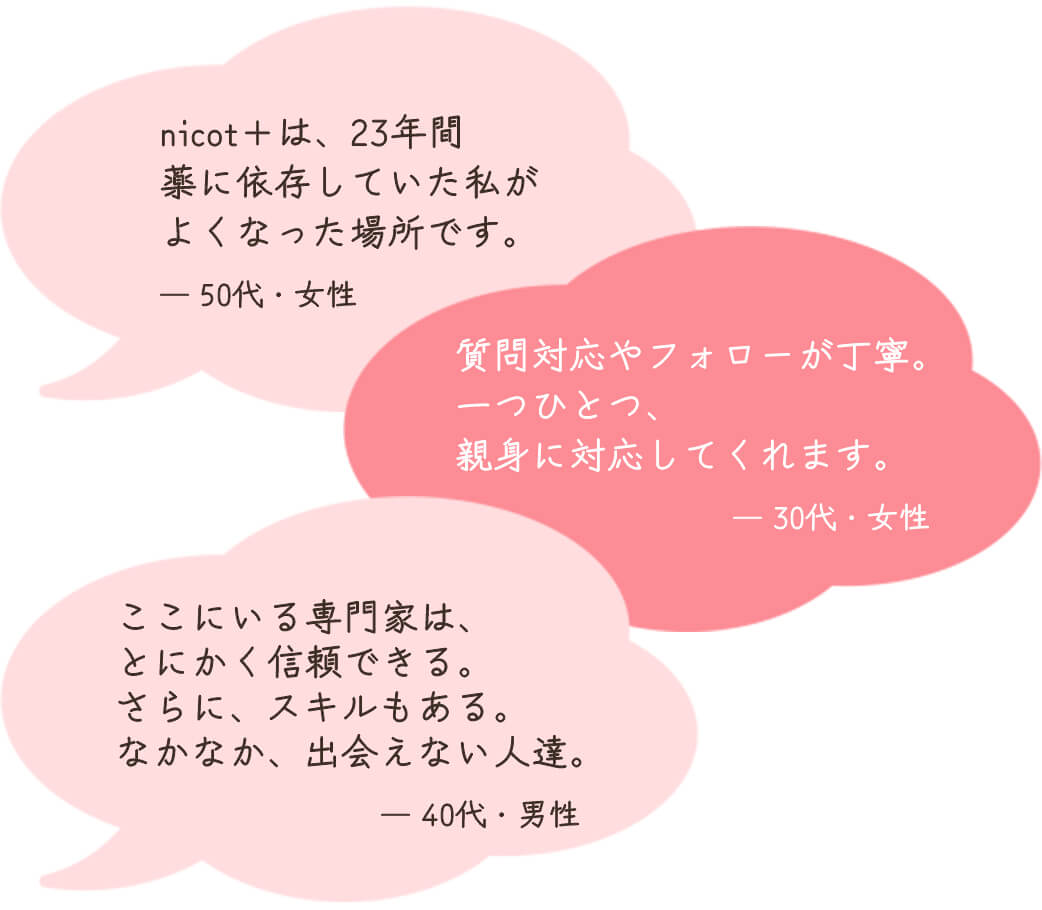 nicot+は、23年間薬に依存していた私がよくなった場所です。（50代・女性）　質問対応やフォローが丁寧。一つひとつ、親身に対応してくれます。（30代・女性）　ここにいる専門家は、とにかく信頼できる。さらに、スキルもある。なかなか、出会えない人達。（40代・男性）