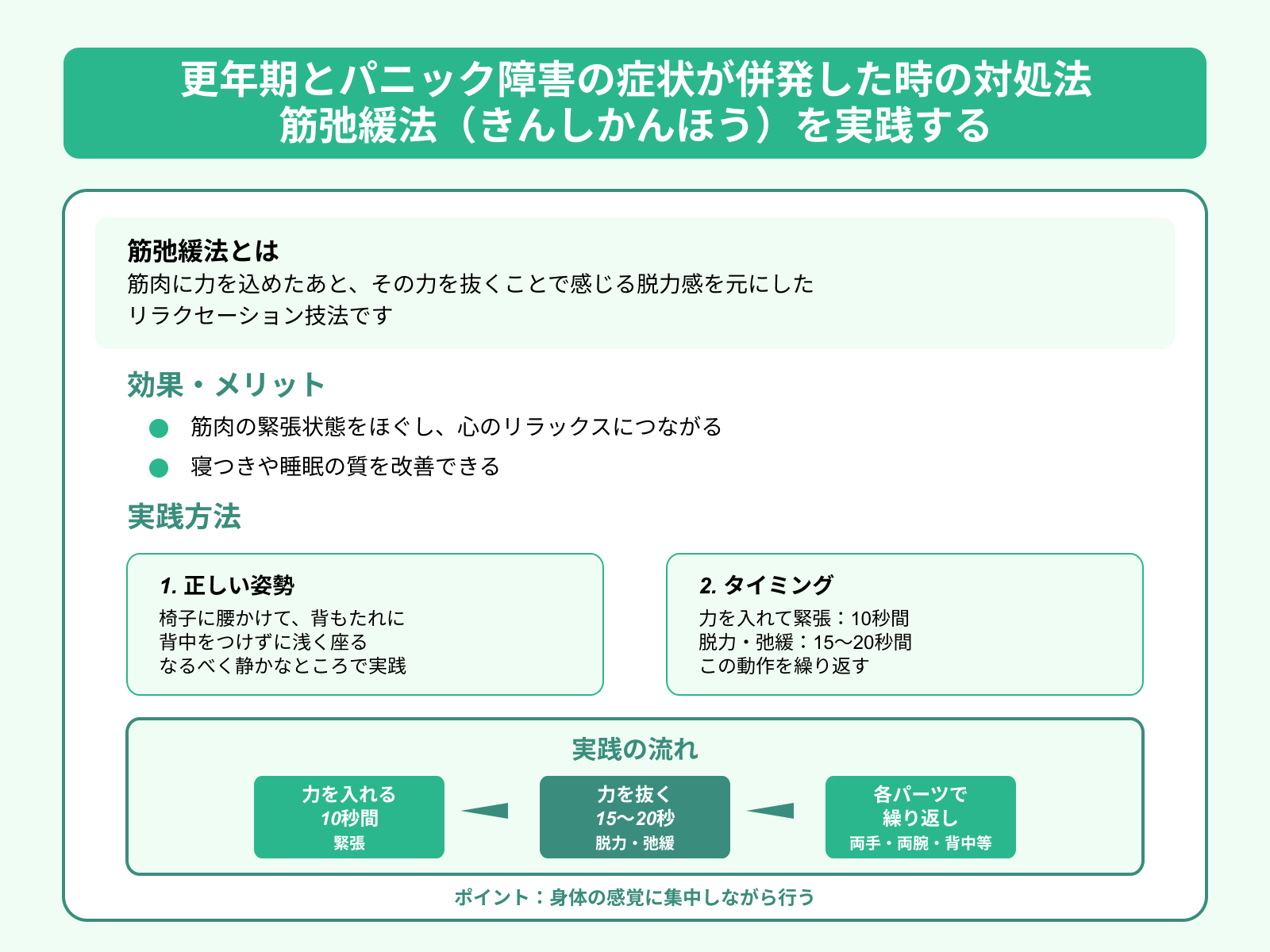 更年期とパニック障害の症状が併発した時の対処法 筋弛緩法（きんしかんほう）を実践する