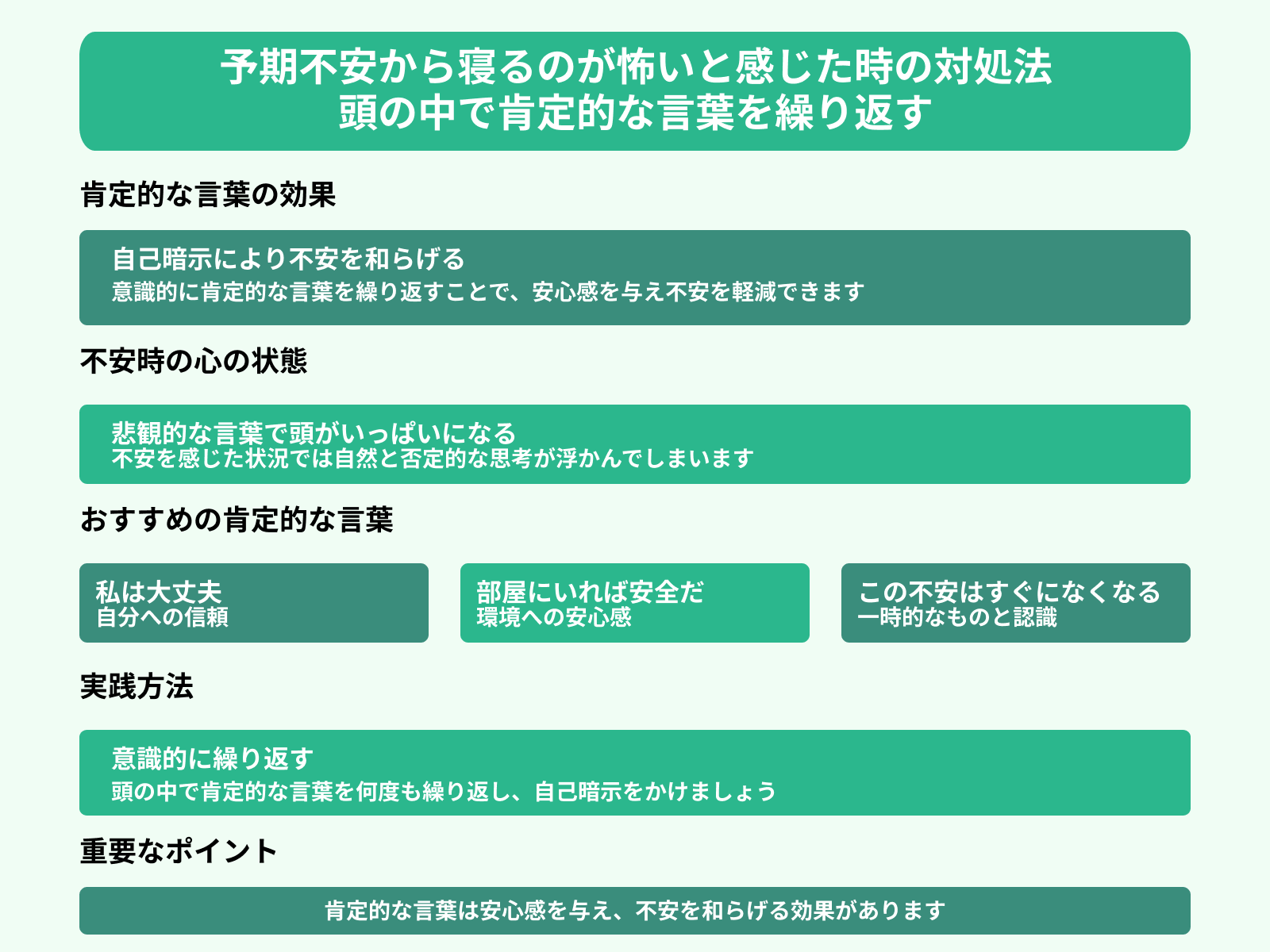 予期不安から寝るのが怖いと感じた時の対処法 頭の中で肯定的な言葉を繰り返す