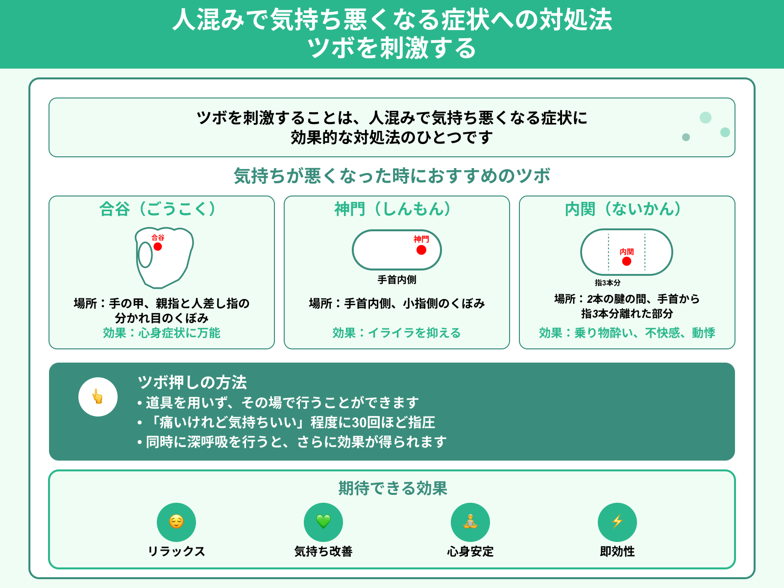 人混みで気持ち悪くなる症状への対処法 ツボを刺激する