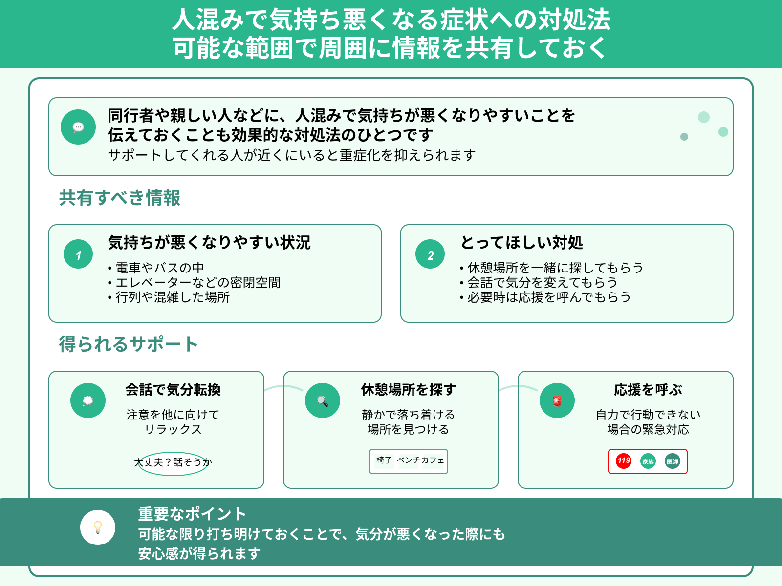 人混みで気持ち悪くなる症状への対処法 可能な範囲で周囲に情報を共有しておく