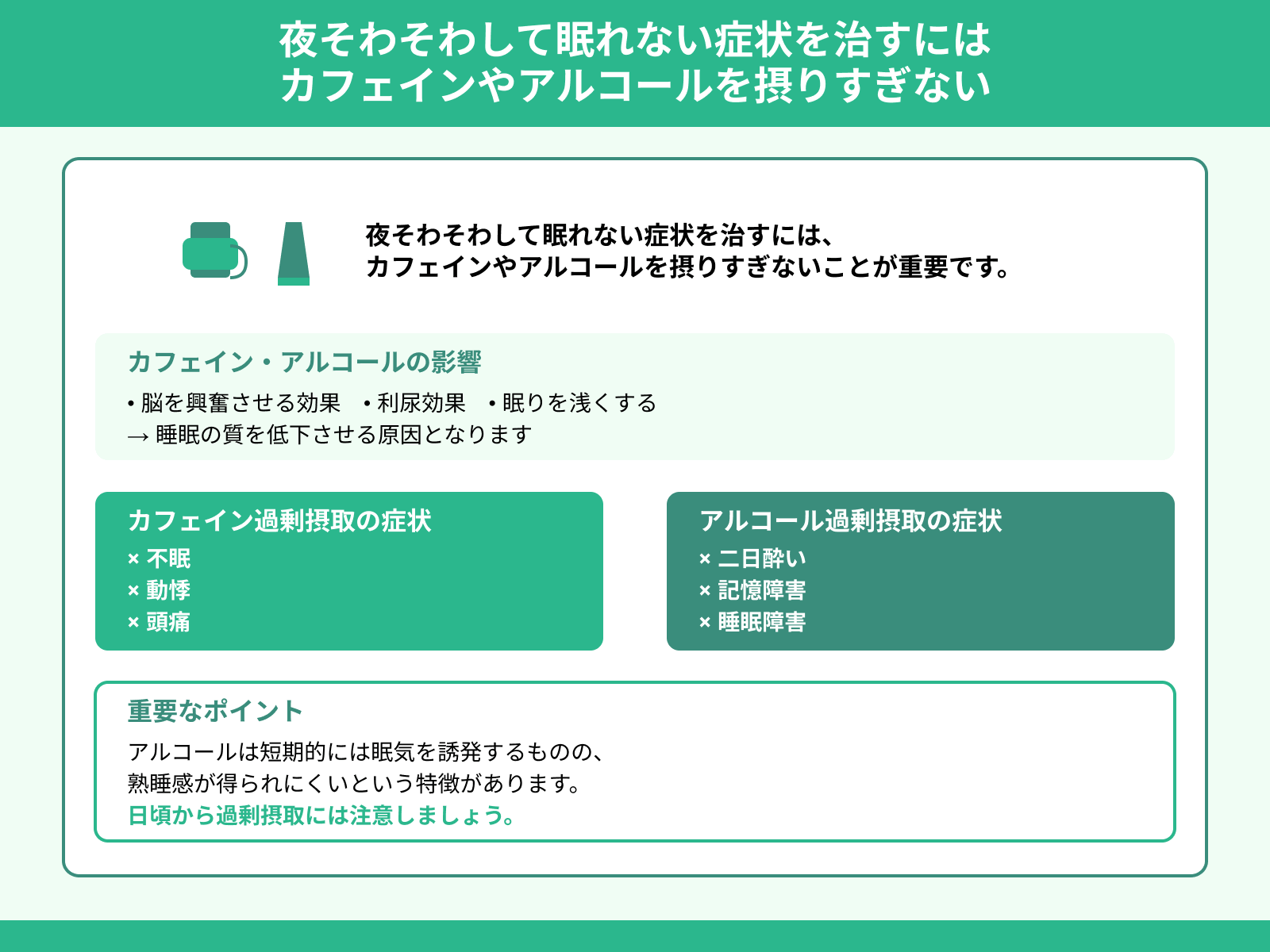 夜そわそわして眠れない症状を治すには カフェインやアルコールを摂りすぎない