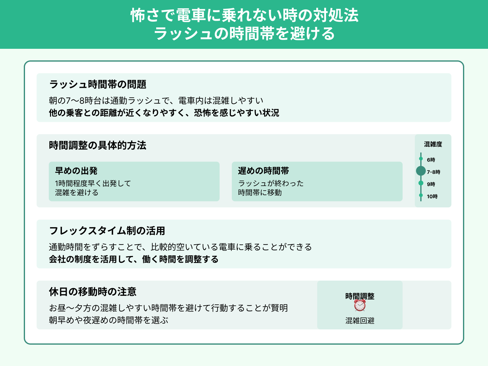 怖さで電車に乗れない時の対処法 ラッシュの時間帯を避ける