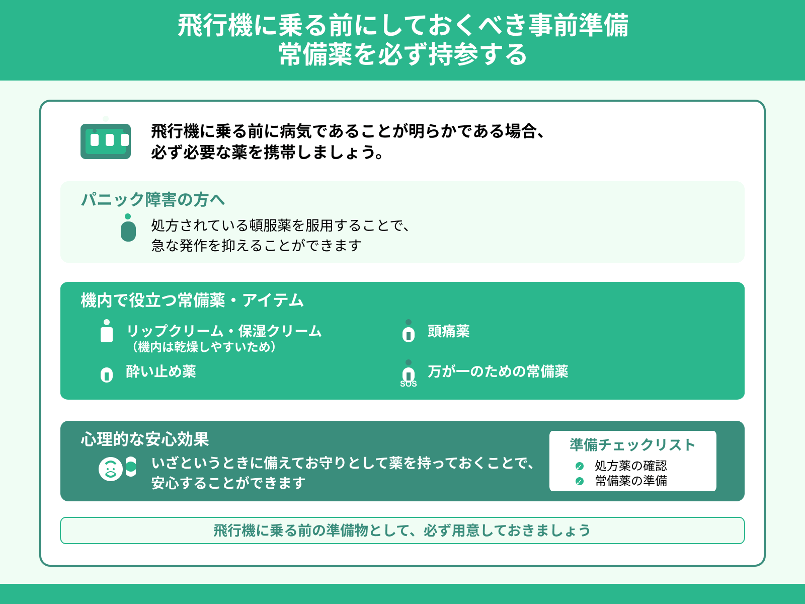 飛行機に乗る前にしておくべき事前準備 常備薬を必ず持参する